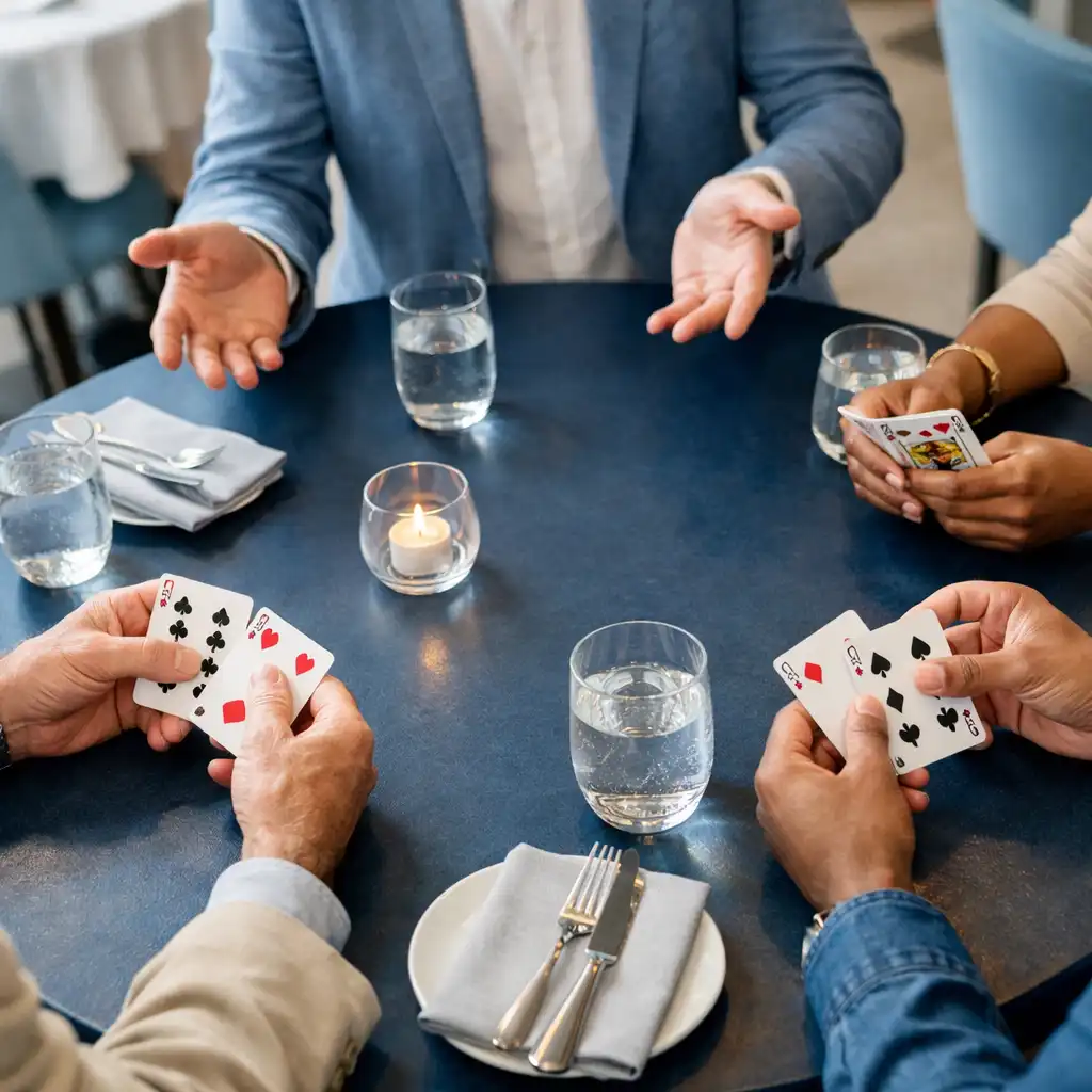 Adult guests and a host sharing standard playing cards at a refined social table in the card lounge