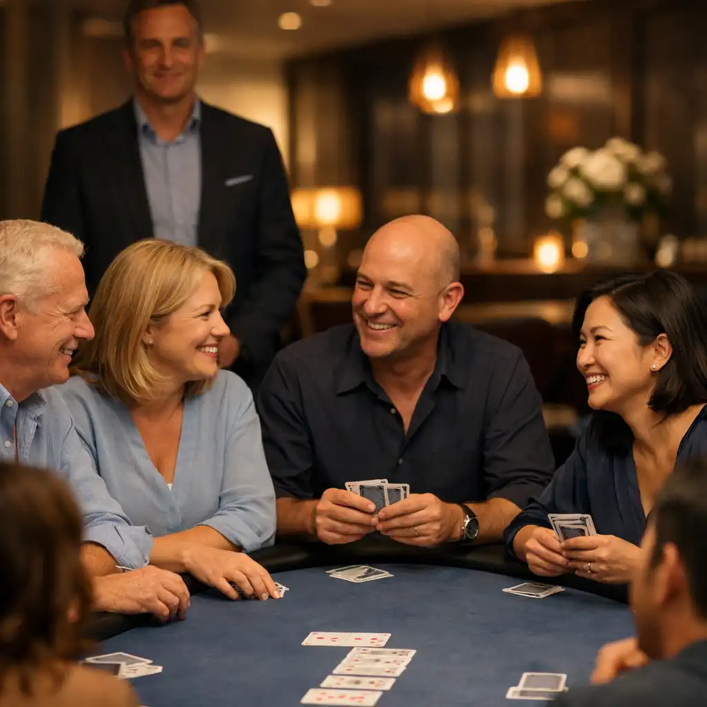 Host and adult guests in easy conversation around an in-person social poker table in warm restaurant light