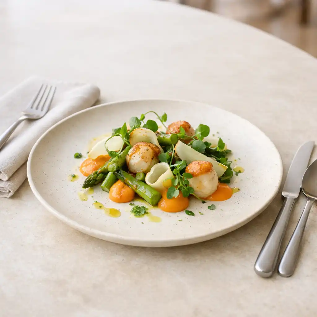 Thoughtfully plated seasonal dish on porcelain with silver cutlery and linen on a pale restaurant table