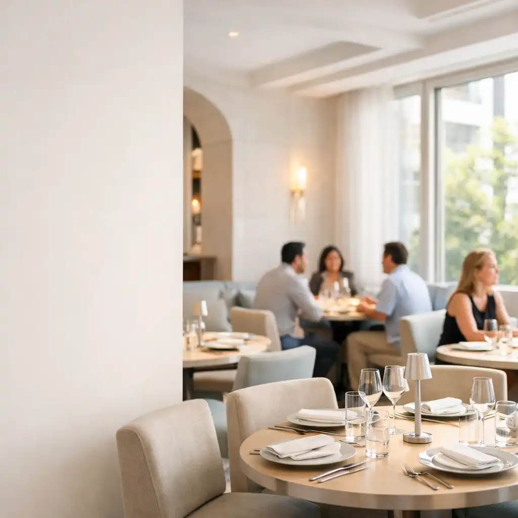 Bright dining room with set tables, soft daylight and guests in relaxed conversation at Midnightmar Queeclub