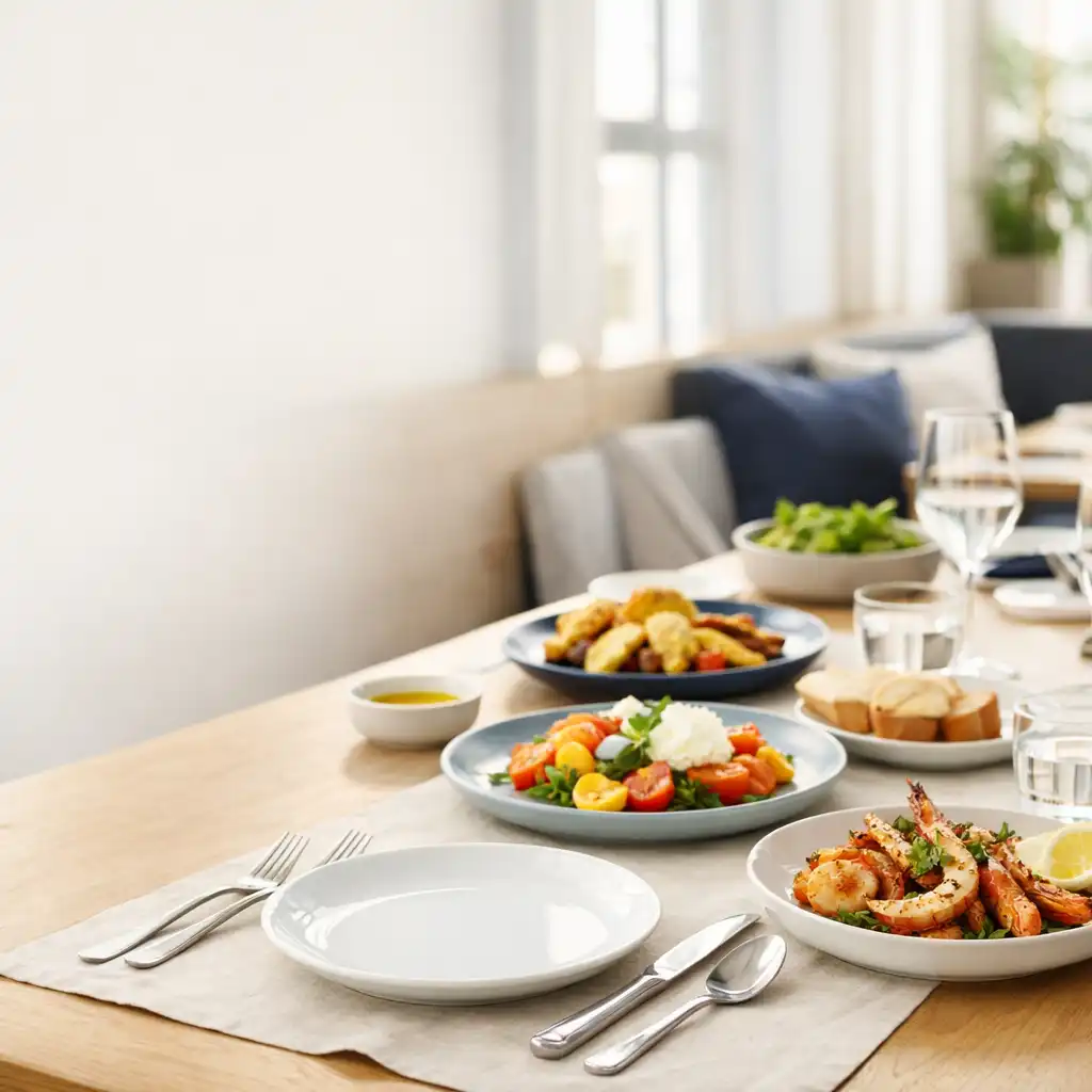 Bright restaurant table set with porcelain plates, seasonal dishes and polished cutlery