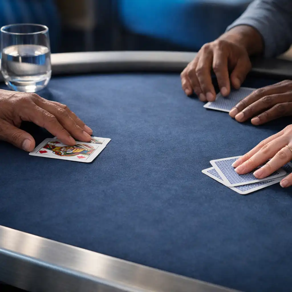 Adult hands gently arranging playing cards on a polished midnight-blue table with a porcelain water glass at the edge.
