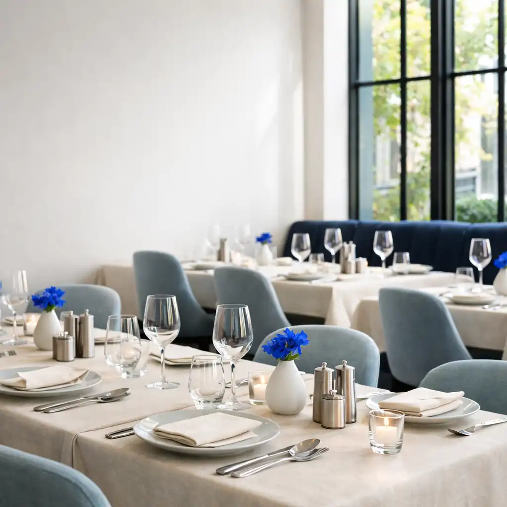 Daylight-filled dining room with neatly set tables, porcelain settings and pale blue seating.