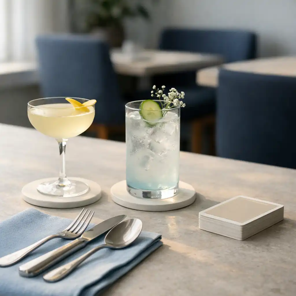 An elegant cocktail and a non-alcoholic drink beside porcelain coasters, silver cutlery, a pale blue napkin and a subtle deck of cards.