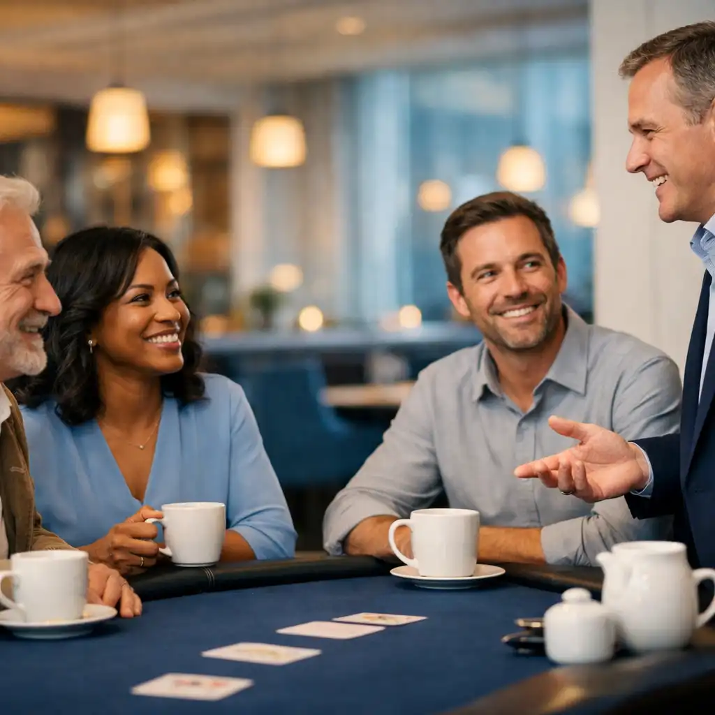 Adults in warm conversation around a midnight-blue poker table while a host gestures naturally in a bright restaurant lounge.