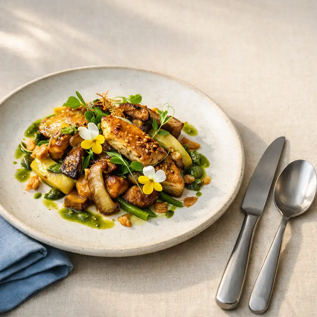A thoughtfully plated seasonal dish on a porcelain plate with silver cutlery and a soft blue napkin.