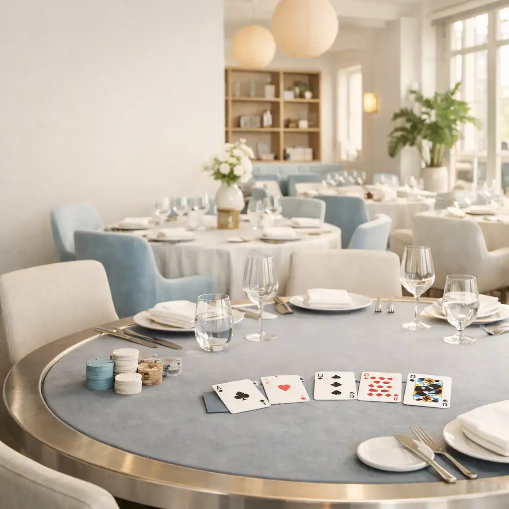 Daylit restaurant interior with an elegant poker table, porcelain plates and glassware