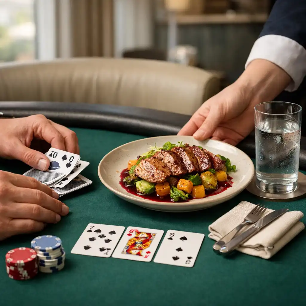 Seasonal plated food and water being served beside adult hands at an in-person poker table