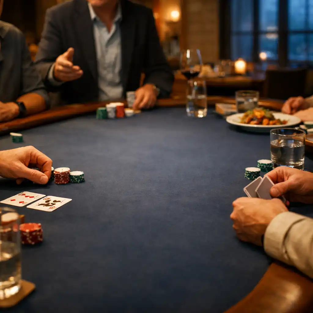 Adult guests and a host gathered around a refined poker table with cards, food and water glasses