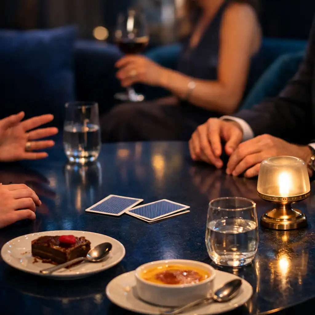 Guests' hands around a refined evening table with small plates, dessert spoons and face-down cards