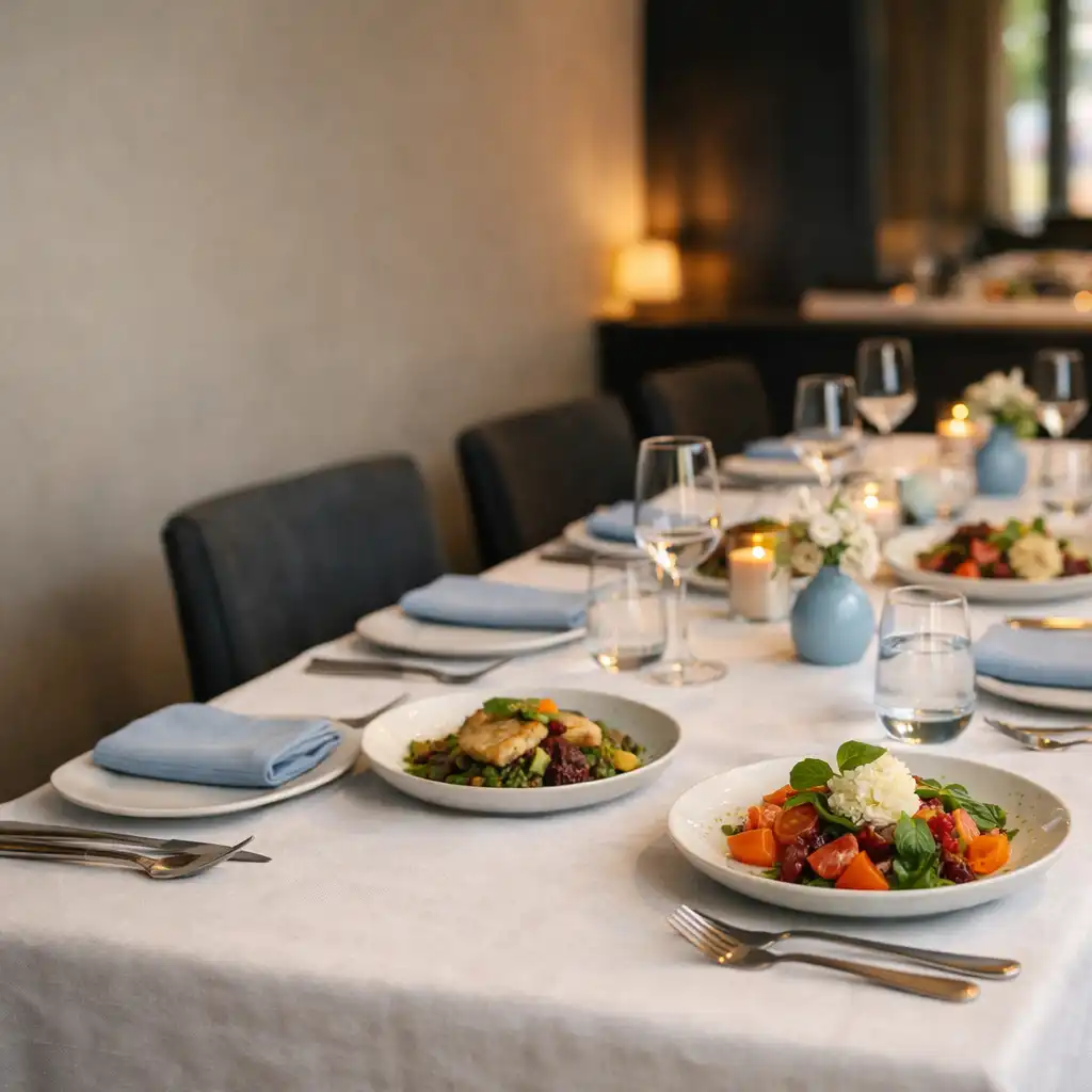 A refined communal private dining table set with porcelain, seasonal dishes and brushed silver cutlery.