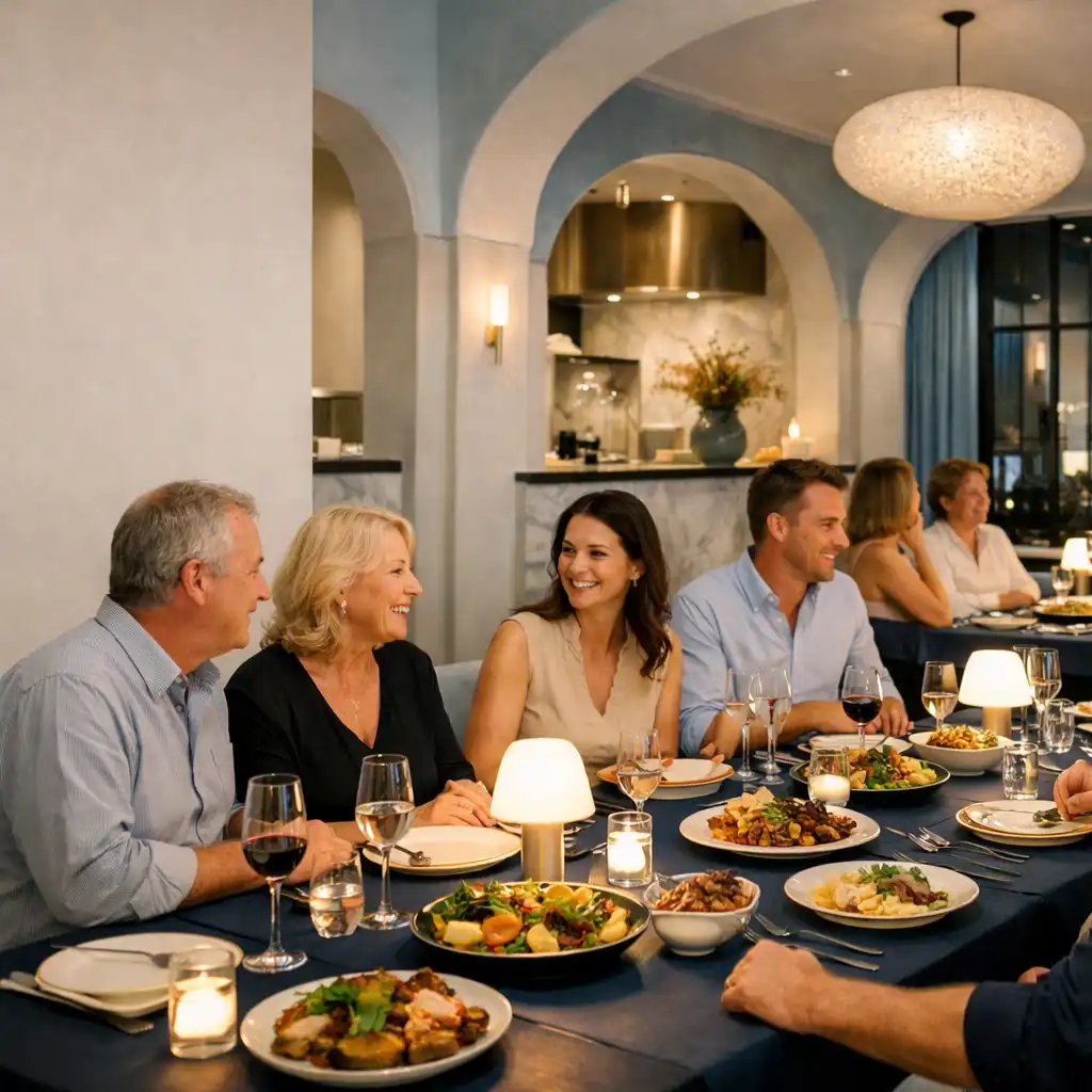 An intimate private dinner gathering in relaxed conversation around a warmly lit restaurant table.