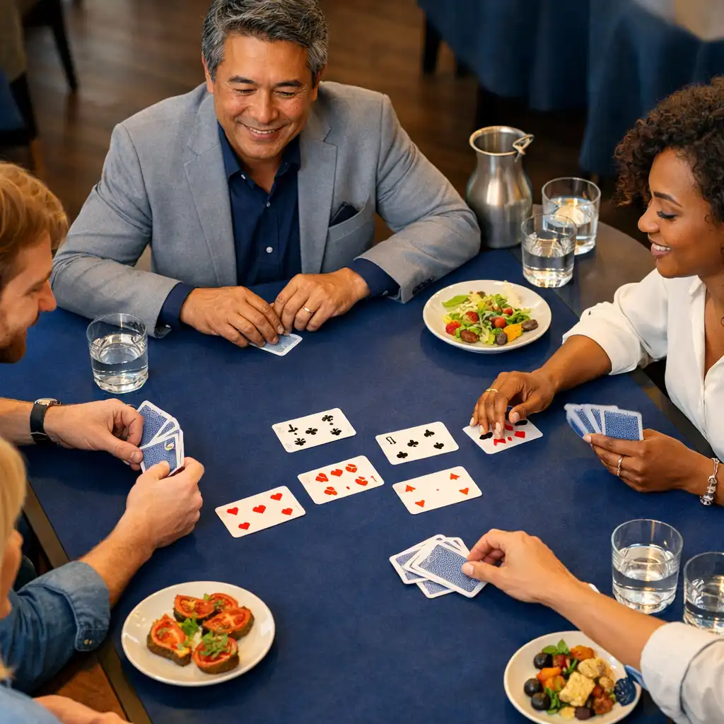 Adults in relaxed conversation around an in-person card table with seasonal small plates and ordinary playing cards.