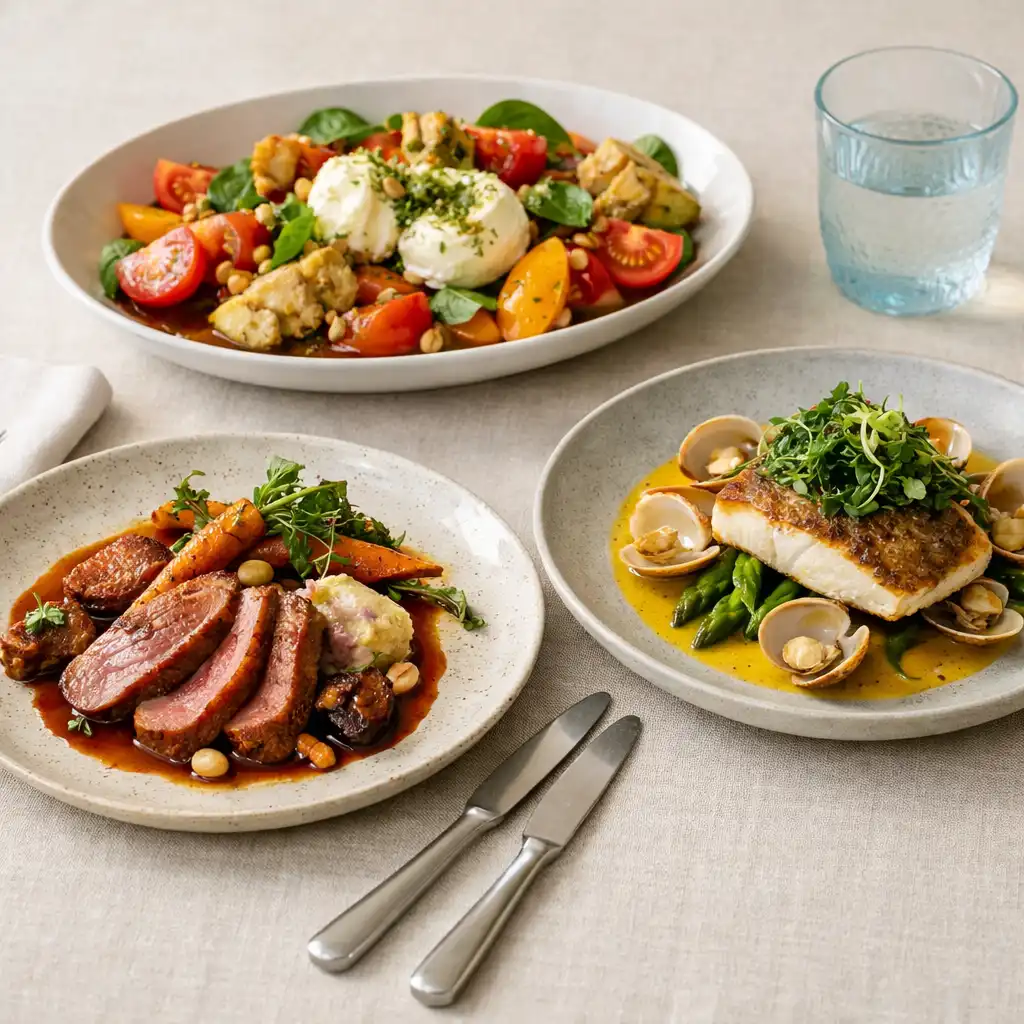 Seasonal plated dishes and a shared serving dish arranged on a pale linen private-event table.