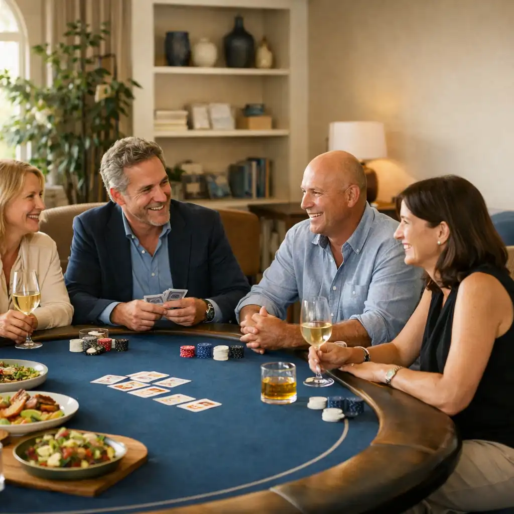 Small adult group sharing conversation around a private poker table with food and beverages