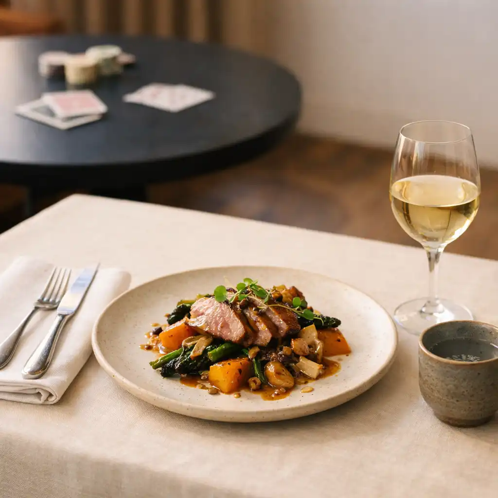 Seasonal plated dish, table setting and beverage in the bright card-lounge dining room