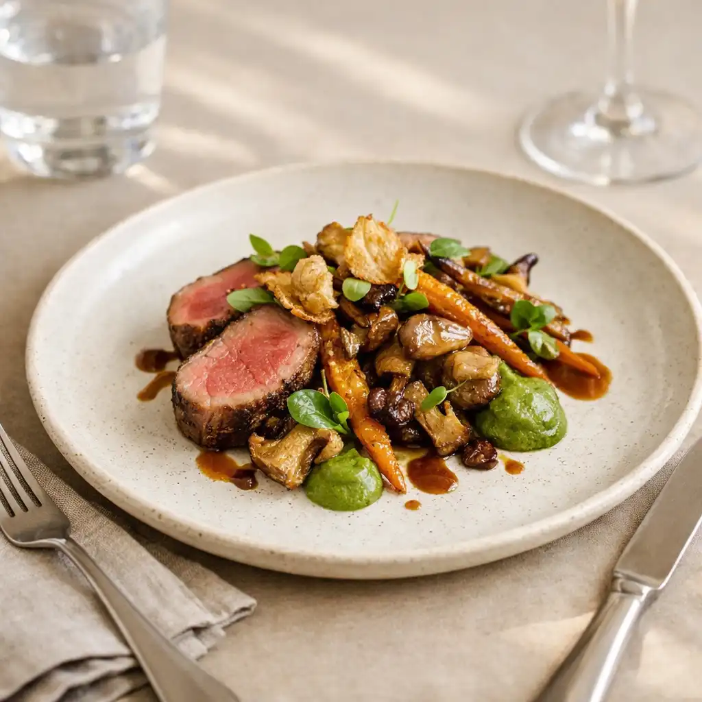 Seasonal plated food on pale porcelain with linen, glassware and brushed-silver cutlery