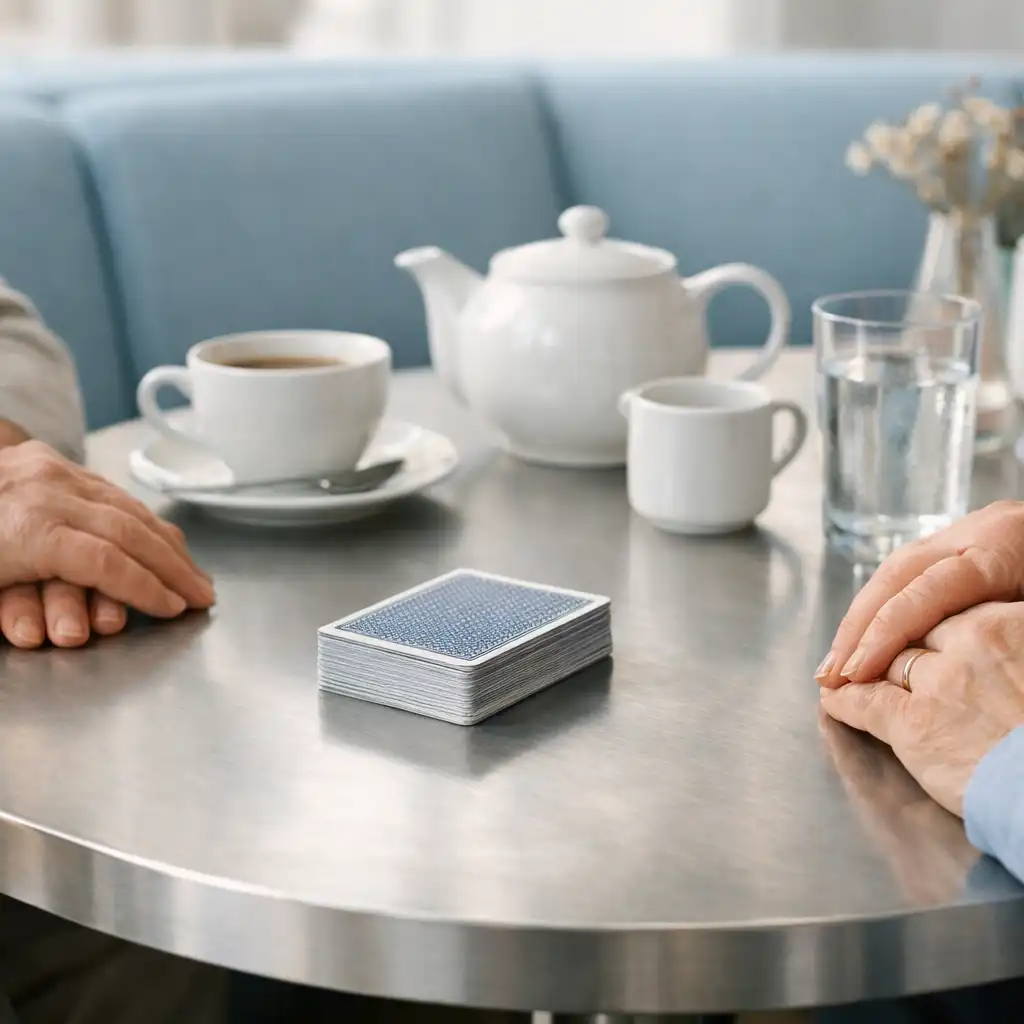 Adult hands beside ordinary playing cards and porcelain drinkware at a calm social card lounge table