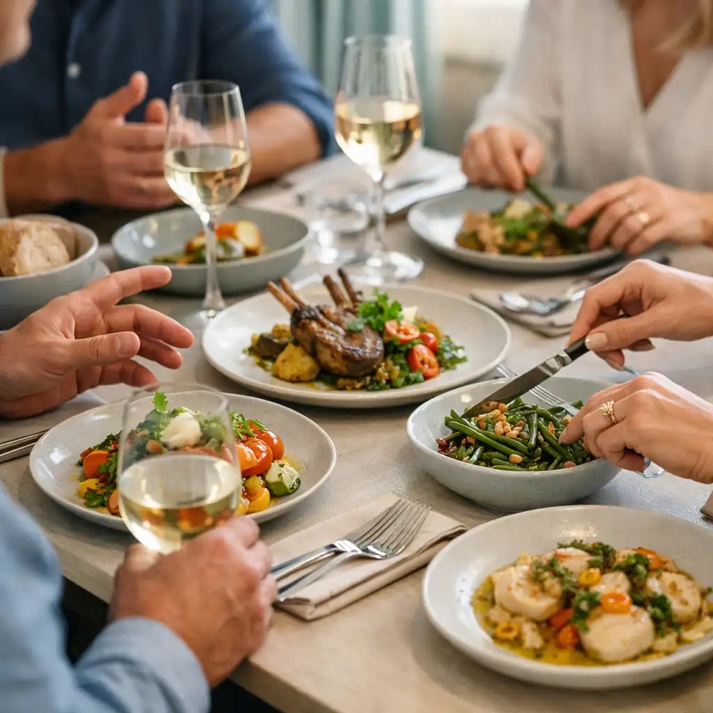 Hands, seasonal plates and glassware around a relaxed shared restaurant meal