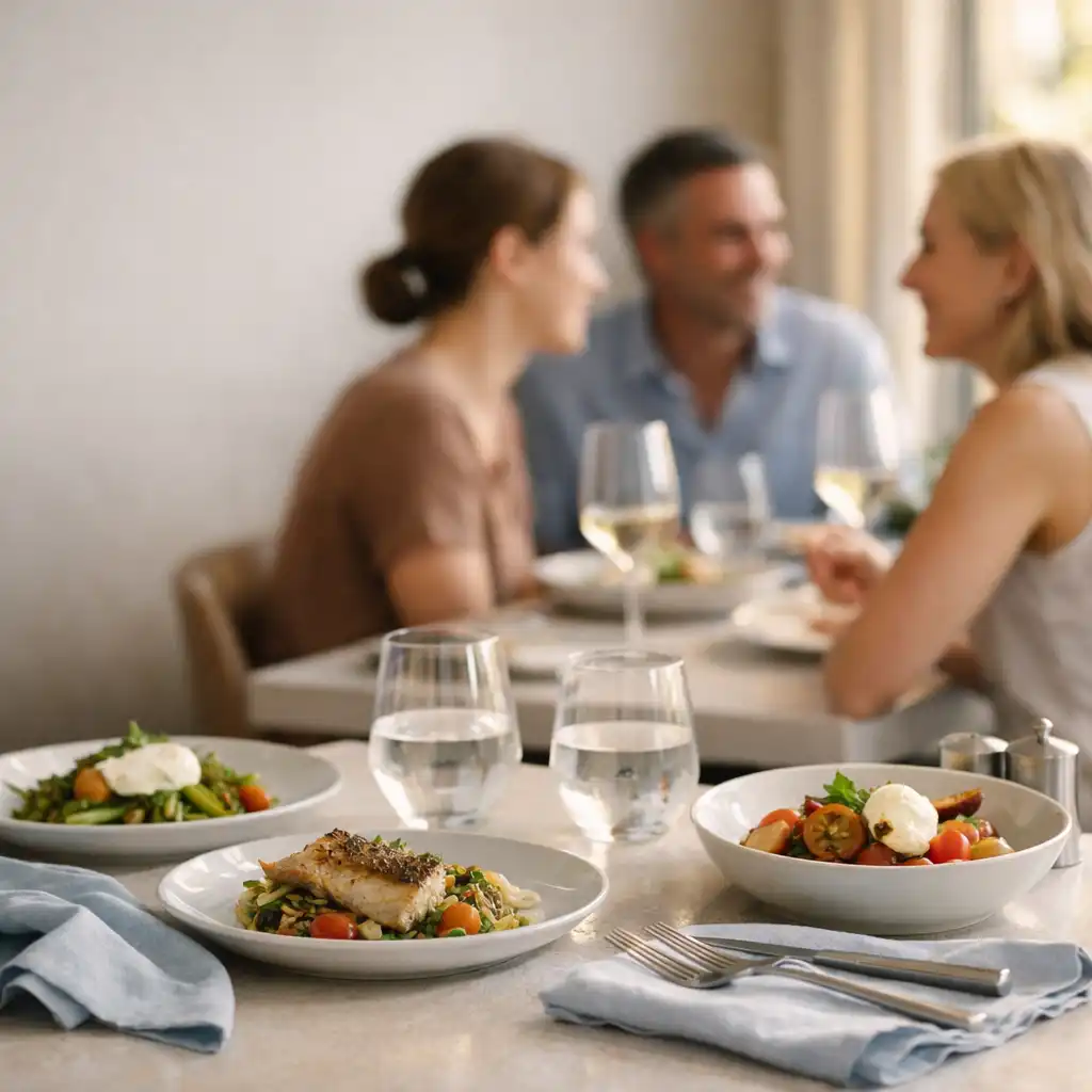 Adults sharing seasonal food at a bright, refined restaurant table
